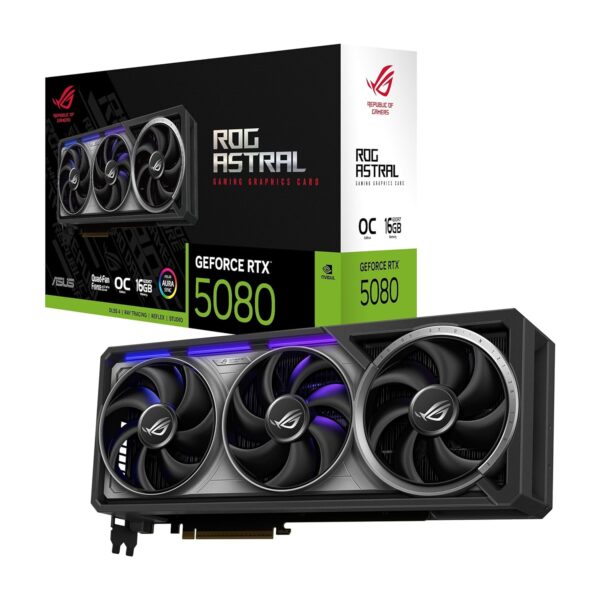 ASUS ROG Astral GeForce RTX™ 5080 OC Edition Gaming Graphics Card (PCIe® 5.0, 16GB GDDR7, HDMI®/DP 2.1, 3.8-Slot, 4-Fan Design, Axial-tech Fans